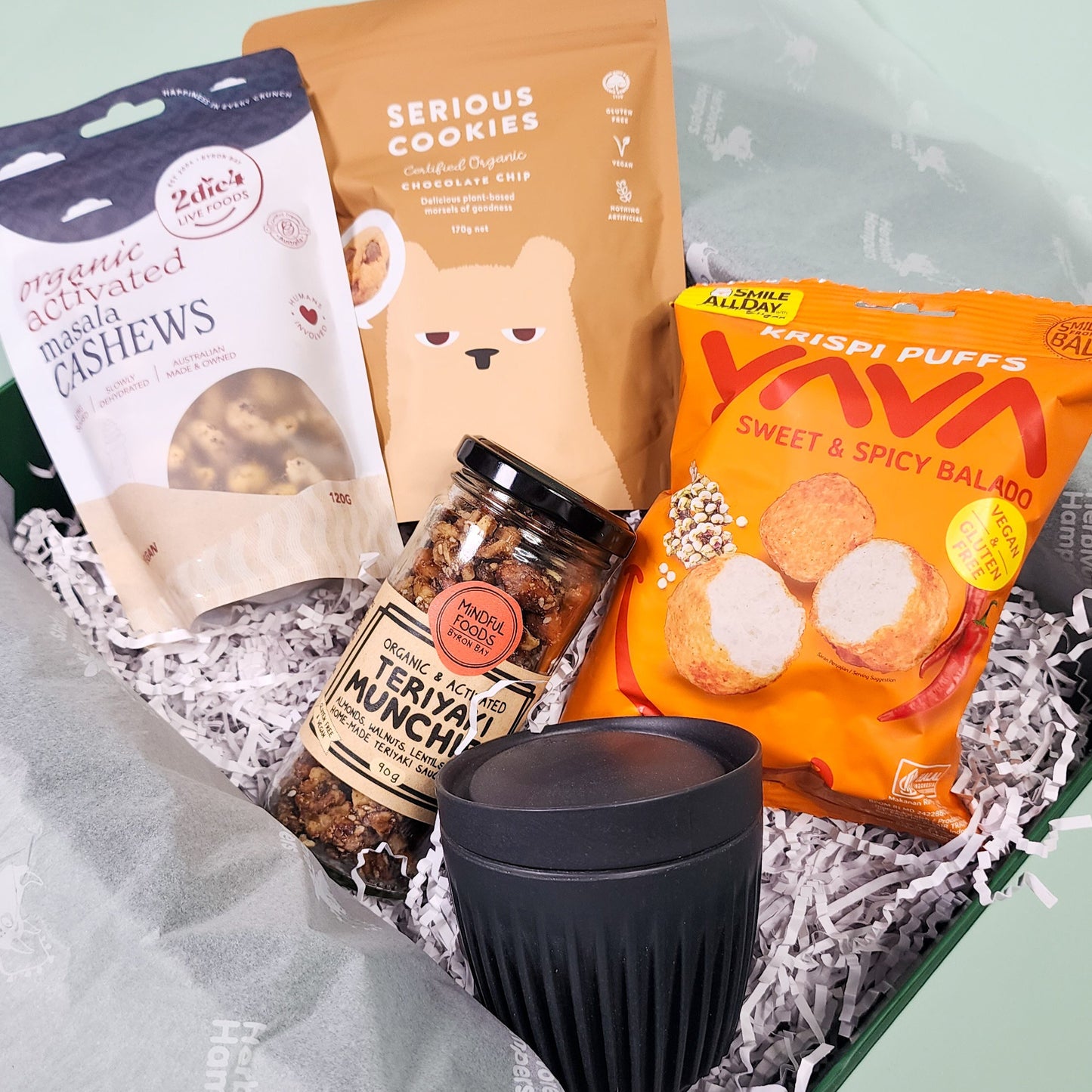 savoury hamper items in an open hamper box