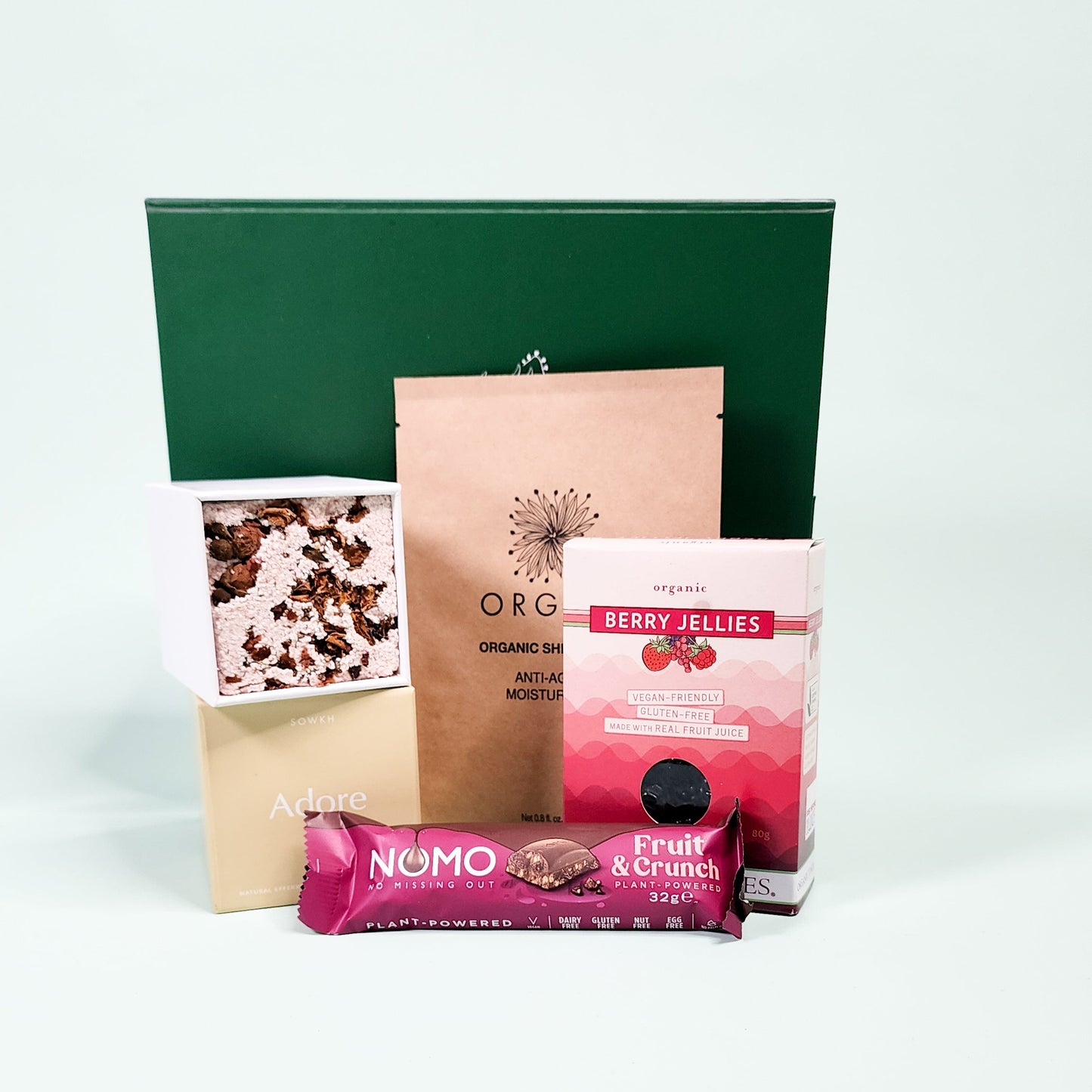 luxury vegan items and green hamper box