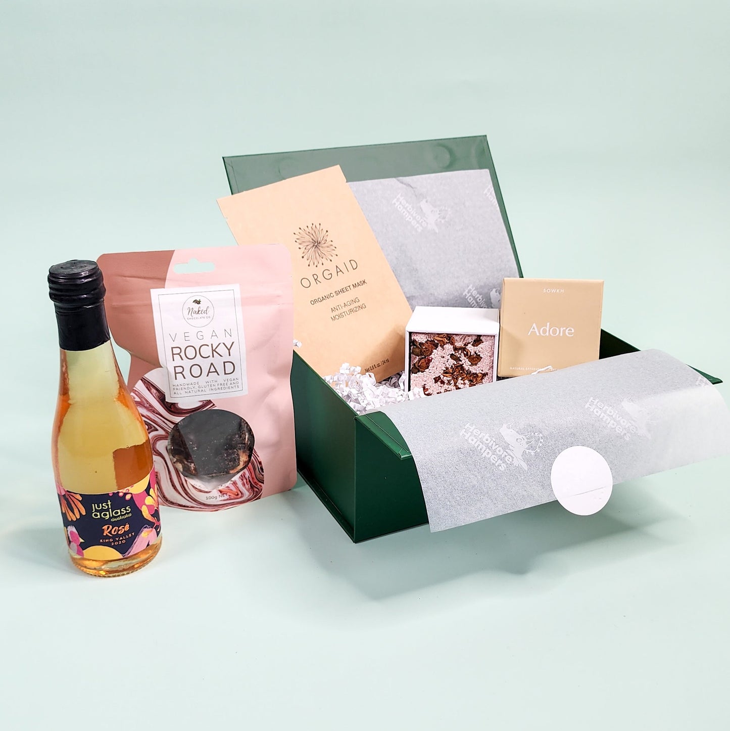 Pamper hamper items in an open hamper box