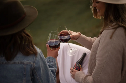 two women enjoy just a glass wine