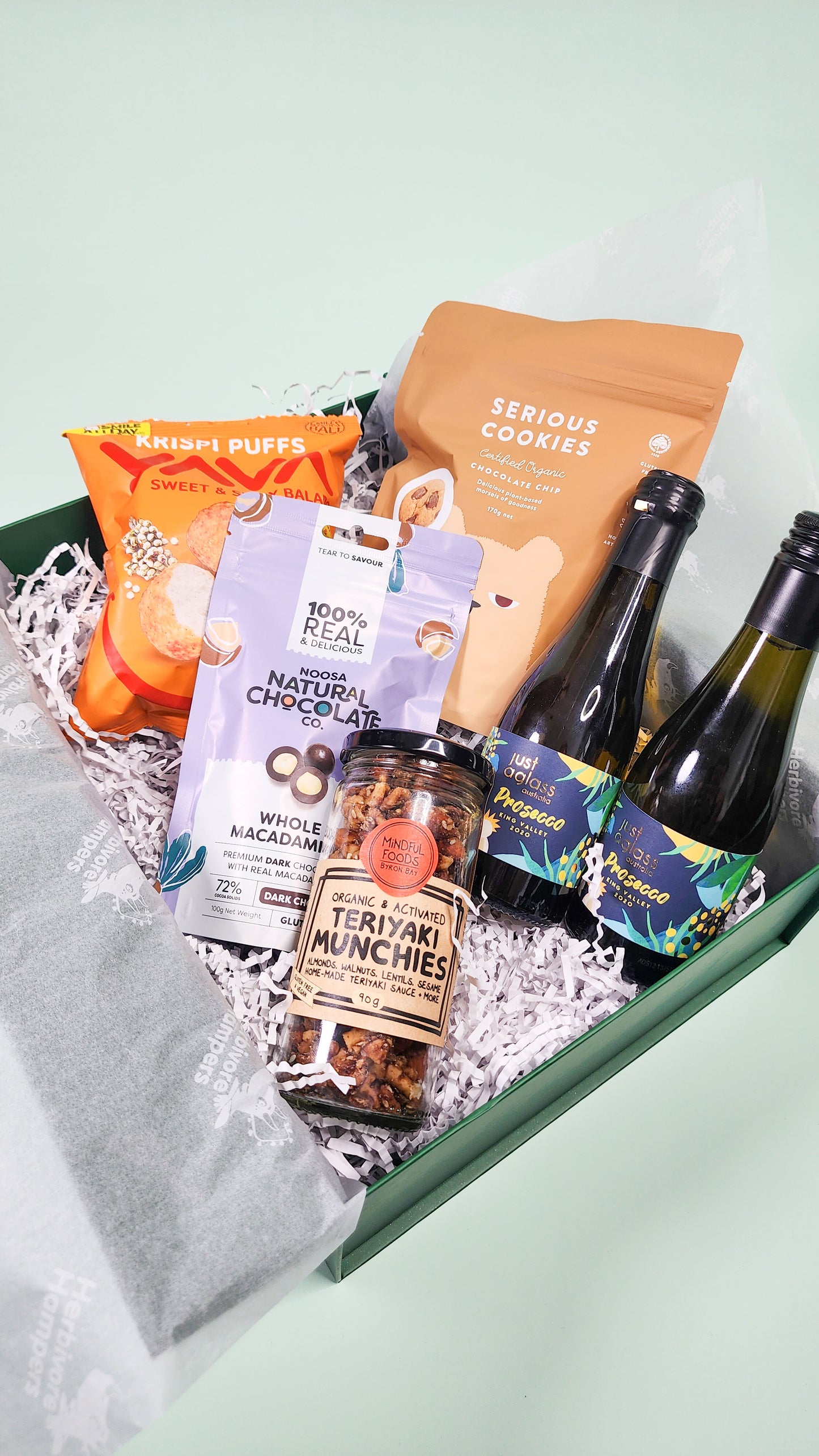 vegan hamper items in an open hamper box