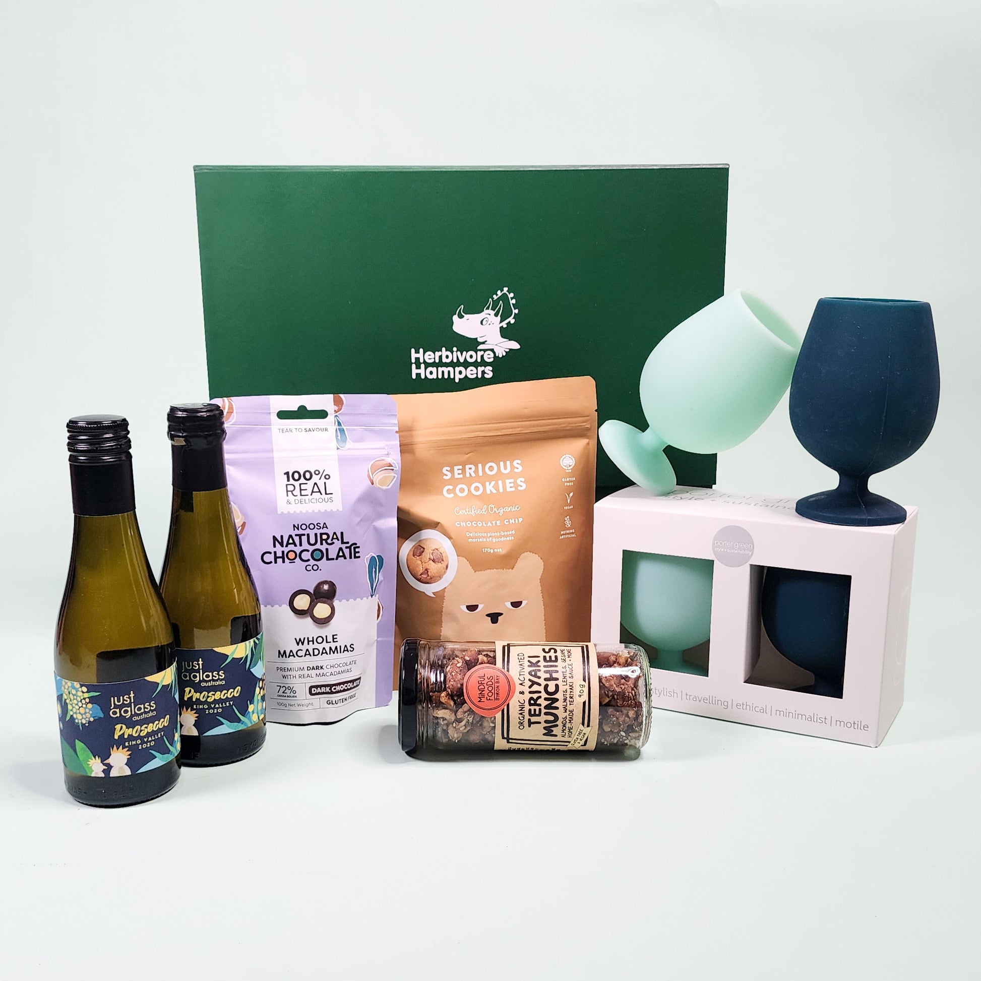 savoury hamper items with silicon cups and a green hamper box